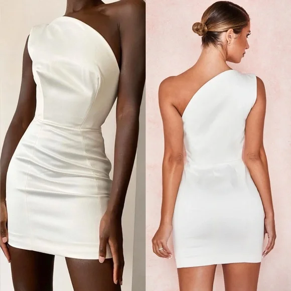 HOUSE OF CB 'Ayelen' Ivory Duchess Satin One Shouldered Mini Dress - Picture 3 of 5
